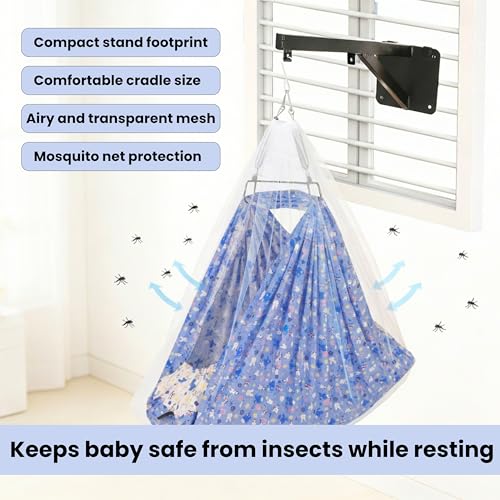 Image of Axmon Baby Cradle Jhula | Heavy Duty Iron Frame Kids Cradle | Weight Capacity Up to 20 kg | Baby Swing Hanger with 1 Inch Support Sheet, Pillow, Safety Belt & Mosquito Net | Blue