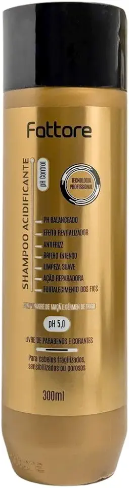 Shampoo Acidificante Fattore 300ml – pH 5,0 – Com Vinagre de Maçã e Extrato de Gérmen de Trigo – Limpeza Suave, Selagem de Cutículas, Brilho Intenso, Antifrizz e Fortalecimento – Para Cabelos Fragilizados e Danificados – Uso Diário ou Profissional