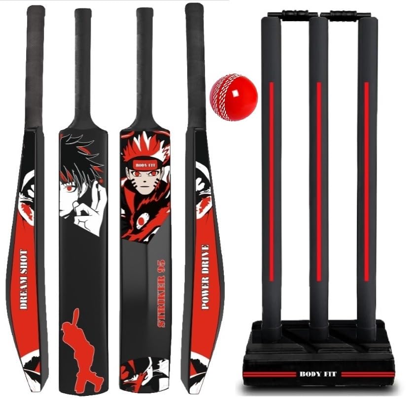 Image of Bodyfit Heavy Duty Plastic Premium Cricket Bat for Men, Women & Children | Lightweight| Full Size| | Hard Plastic Bat| Cricket Wicket Set l 3 Stumps+2 Bails+1 Stand Set, 1 Soft Ball,S-95 Red.