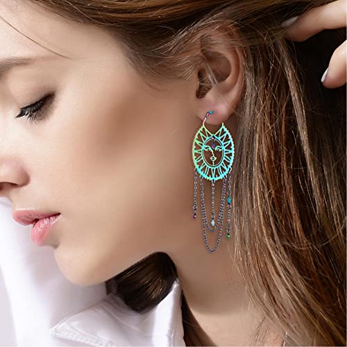 Asymmetrical Sun and Moon Earrings for Women Dangling, Rainbow Boho Earrings Star Tassel Chain Drop Dangle Statement Earrings Stainless Steel Bohemian Jewelry…2