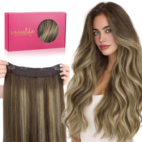Image of WENNALIFE Wire Hair Extensions Real Human Hair 20 inch 110g Balayage Chocolate Brown to Caramel Blonde Remy Wire Hair Extensions Invisible Fish Line Real