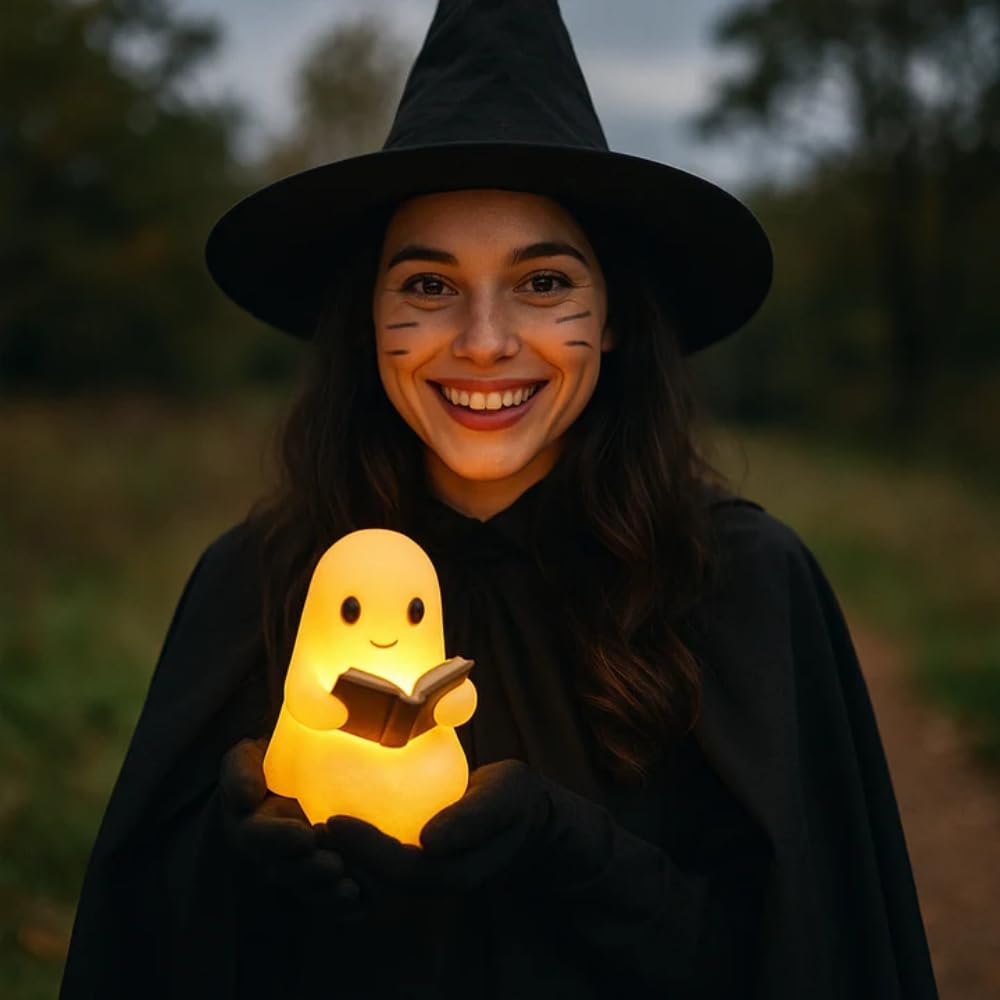 NachtGeist - Ein kleiner Geist, der Wärme & Licht spendet Leselampe mit warmem Licht, bezaubernde LED - Geisterlichter, perfekt für Halloween & Buchliebhaber, Wohn -/Schlafzimmer Deko