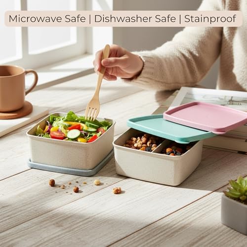 Image of Happy Cove Eco Friendly Lunch Box for Office Use | Biocomposite Wheat Straw, Rice Husk & Bamboo Fibre | 3 Multicolour Containers | Tiffin Box with Lunch Bag | Microwave & Oven Safe | Unbreakable