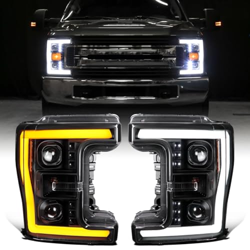 Ronnin - Fits 2017-2019 Ford F250 F350 F450 F550 Super Duty Halogen Projector Headlights Switchback LED Turn Signal Replacement Pair | Black