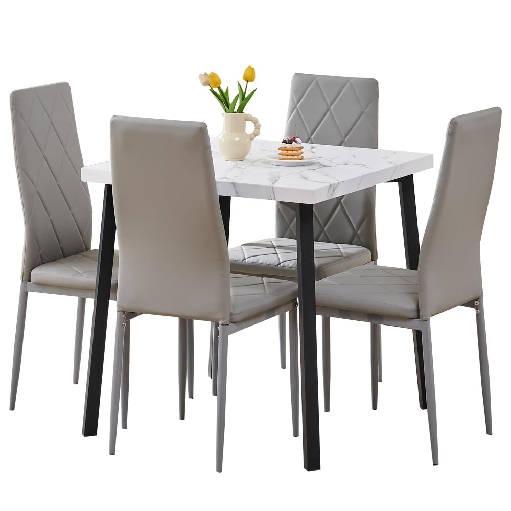Rainbow Tree Small Dining Table Set of 5, Square Dining Table with 4 Dining Chairs for Dining Room Kitchen, Space Saving Dining Table Set (White Marble Table, 4Pcs Grey Leather Argyle Chairs)