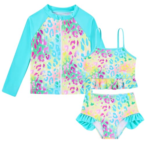 Image of Funnycokid Girls Swimsuit Kids Bathing Suit Rashguard Swimwear Long Sleeve 3 Piece Toddler 3-7 Years