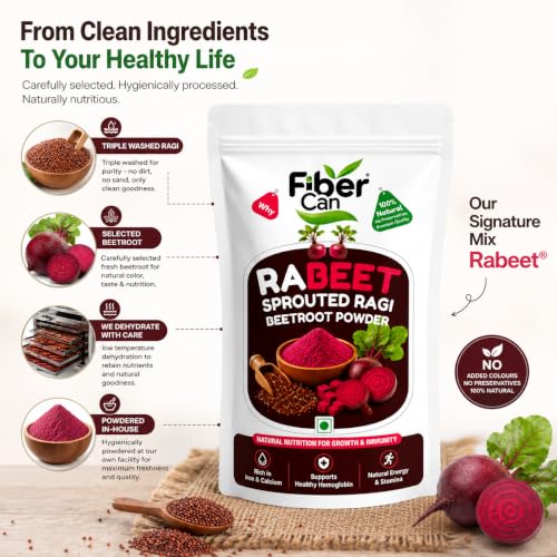 Image of FiberCan Rabeet Sprouted Ragi Flour & Beetroot Powder 300g | Ragi Beetroot Health Mix | Finger Millet & Beetroot Blend | No Added Sugar | Gluten Free | Ideal for Porridge, Health Drinks & Everyday Cooking