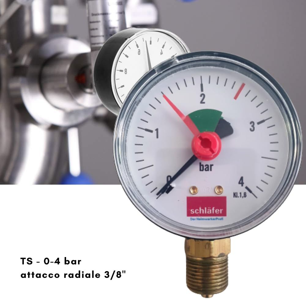 Schläfer 0930161 | Manomètre Vertical de chauffage Ø 63 mm - Connexion radial 3/8" - Échelle 0-4 bar - Aiguille rouge réglable avec zone verte - Précision classe 2,5 - Zone verte 1,5-2,5 bar.