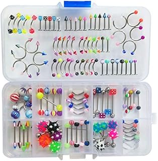 Oasis Plus Lot 110 PCS Body Jewelry Piercing Kit Eyebrow Navel Belly Tongue Lip Bar Nose Ring 22 Styles (No Duplicates)