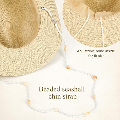 Sombrero de playa femenino beige con ala ancha miniatura 3