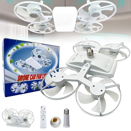 Drone-Style LED Ceiling Fan Light, Socket Fan Light with Remote, Screw-In E27 Ceiling Fan with Lights, Foldable Blades & 3 Color Dimmable LED, Ceiling Fan for Bedroom, Kitchen, Tool-Free (White)