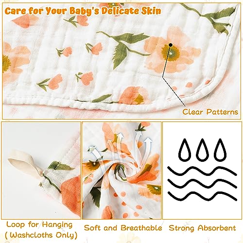 Zainpe ZE-MUSLIN HOODED TOWELS-ORANGE 4P 4Pcs Muslin Baby Hooded Towel & Washcloth Set Flowers Soft Absorbent Bath Towels Cotton Hand Towels Infant Shower Gifts thumb #2