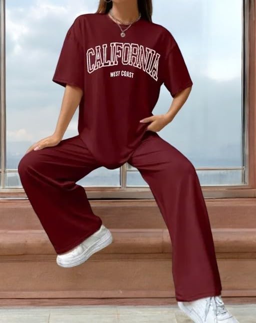 Image of My Swag Women Casual T-Shirt & Trouser Co-Ords Set Half Sleeve Loose-Fit Summer Cord Set 2 Piece Black Outfit Pajama Set for Women & Girls