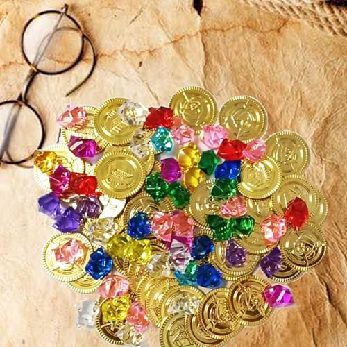 100 Stück Piratenschatz,50 Stück Edelsteine für Kinder,Piraten Deko Kindergeburtstag,50 Stück Goldmünzen,Schatzkiste Schatztruhe Mini Gold,Mitgebsel Goldtaler Pirat,Schatz Schatzsuche Kleine Party