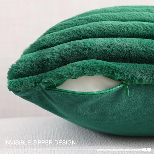 Image of Pallene Faux Fur Plush Lumbar Throw Pillow Covers 12x20 Set of 2, Luxury Soft Fluffy Striped Decorative Pillow Covers for Sofa, Couch, Living Room, Christmas Green