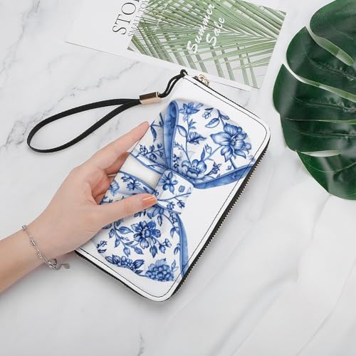 Blue And White Chinoiserie Pattern Bow PU Leather Clutch Long Bifold Wallet, Coin Purse Credit Pass Case, Durable Card-Holder Money Storage for Women Men4