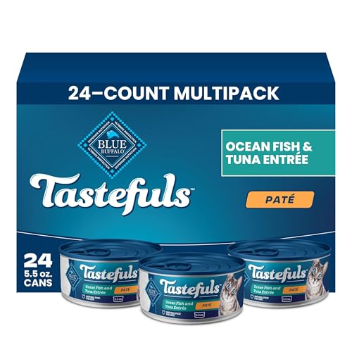 Image of Blue Buffalo Tastefuls Ocean Fish & Tuna Pate Wet Cat Food for Adult Cats, Made with Natural Ingredients Enhanced with Vitamins, Minerals & Other Nutrients, 5.5-oz. Cans (24 Count)