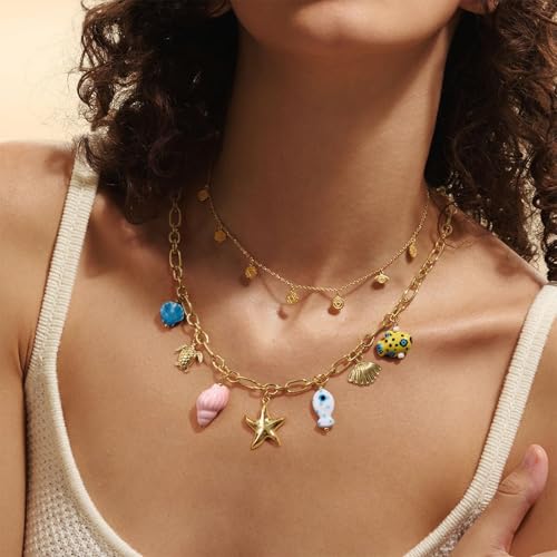 KissYan Charm Necklace for Women, 14K Gold Plated Heart Starfish Sun Pendant Fashion Link Chain Boho Summer Beach Jewelry Gifts3