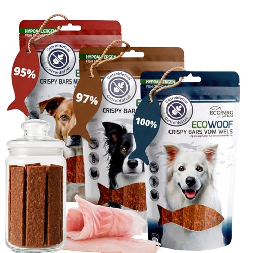 ECO WOOF Fisch Hundesnack Mix - Kaustreifen vom Wels Probierpaket - 375 g - 3 Sorten - Wels Pur | Kürbiskern | Bierhefe - Getreidefreie Fisch-Hundeleckerli - Unterstützt Zahnpflege & Verdauung