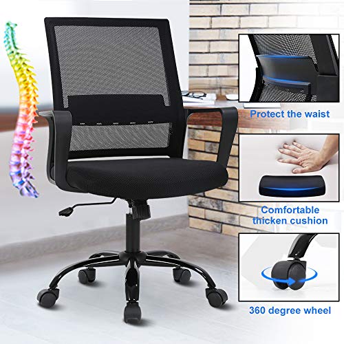 Home Office Chair Ergonomic Desk Chair Mid Back Mesh Chair Swivel Rolling Computer Chair Modern Task Chair Executive Chair,with ArmrestsLumbar Support Task Adjustable Stool for Women Men -Black