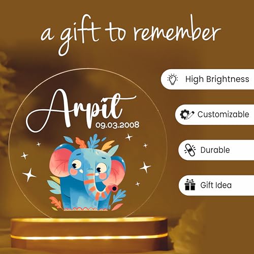 Image of PRINTHUA Plastic Personalized LED Night Table Lamp with Custom Name,Unique Gift for Women,Men,Kids,Girlfriend,Boyfriend,Husband,Wife|Birthdays,& Special Occasions (Cute Elephant),Multicolor