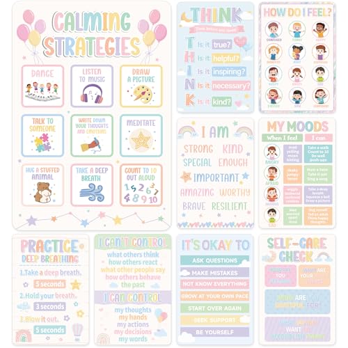 Image of 9Pcs Calming Corner Posters, 13.4 inchx9.2 inch Pastel Calm Down Corner Poster for Classroom Bulletin Boards, Educational Behavior Charts for Elementary Middle Back to School Wall Comfort Corner Decorations Teacher Must Haves