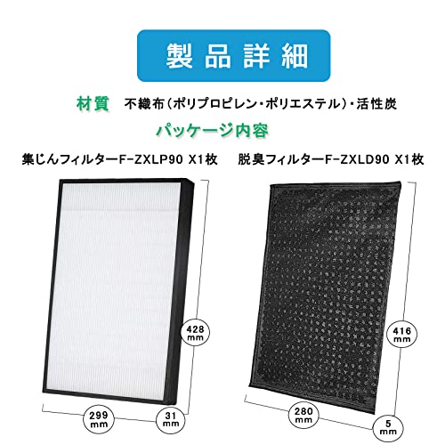 パナソニック空気清浄機 フィルター F-ZXLD90 脱臭フィルター F-ZXLP90集じんフィルター F-VC70XS F-VXS70 F-VXR90 F-VXS90 F-VXR70 F-VXP90 F-VXM90 F-VXL90 交換用 1セット合計2枚入 HEPAフィルター互換品