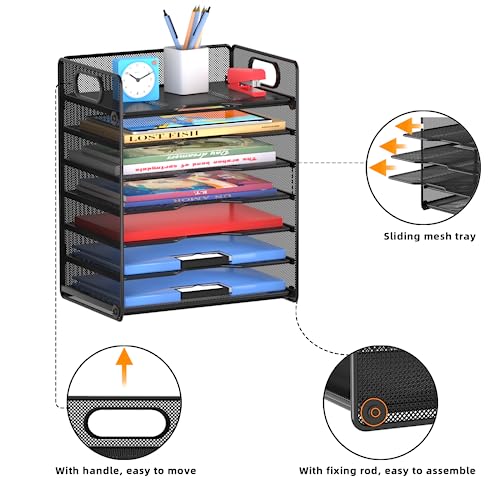 Samstar 7 Tier Paper Letter Tray, Mesh Desk File Organizer File Sorter Rack Shelves with Handles, Black image 1