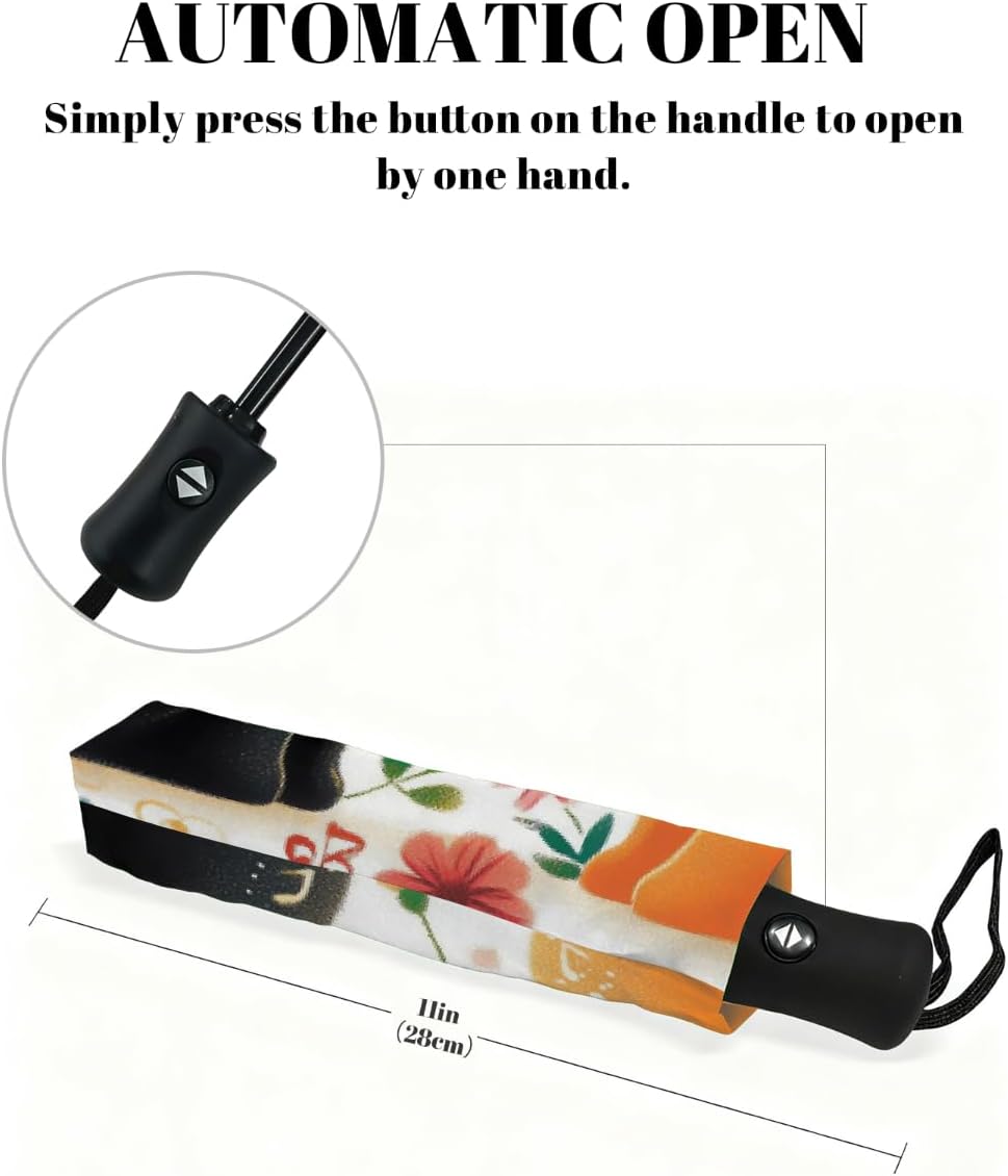 Vintage Music Note Cute Cat Folding Umbrella Windproof Compact Lightweight Travel Umbrella with 8 Reinforced Ribs, Portable UV Sun & Rain Protection for Men & Women