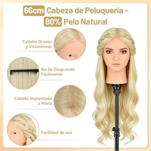 Cabeza de Peluquería de 26 Pulgadas con 80% Pelo Real Premium para Trenzado TwoWin 3