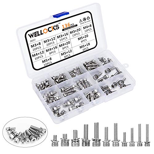 WELLOCKS Screws Set 136 PCS Hex Socket Cap Head 304 Stainless Steel M3/M4/M5 Screws Assortment Set with Spring Washer and Flat Washers Allen Socket Drive 18-8 A2-70 Full Thread with Storage Box (D037)