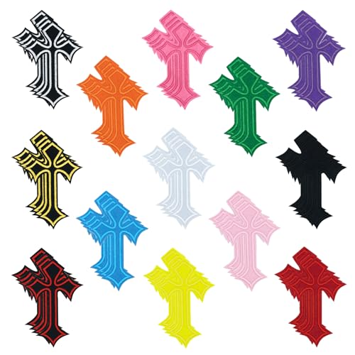52PCS Cross Iron on Patches, Chrome Heart Patches, 13 Colors Embroidery Patch for Clothing Jeans Hats Backpacks Jackets Shirts