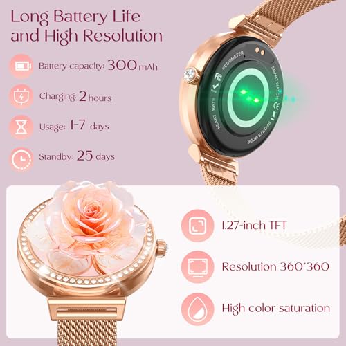 Smartwatch Damen Uhr Armbanduhr Fitnessuhr: Smartwatch Damen mit Halskette Geschenk 1,27" Rund Touch Gold Menstruationszyklus Schrittzähler Blutdruck Wasserdicht Sport Telefonfunktion für Android iOS – Bild 4