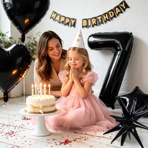 Image of TONIFUL 7th Birthday Balloons Kit 40 Inch Black Large Number 7 Foil Balloon | with 18Inch Helium Mylar Heart Star Balloons for Kids Women Men Birthday Anniversary Graduation New Year Eve Party Decoration