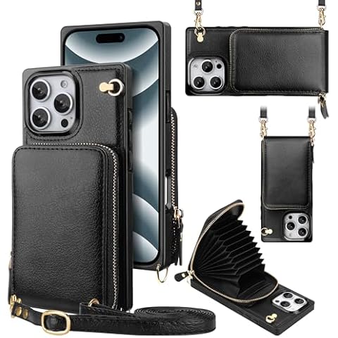JAKPAK for iPhone 16 Pro Max Case with Card Holder for iPhone 16 Pro Max Wallet Case Crossbody Zipper with Card Slots and Lanyard Case for iPhone 16 Pro Max 6.9 inch-Black Cover