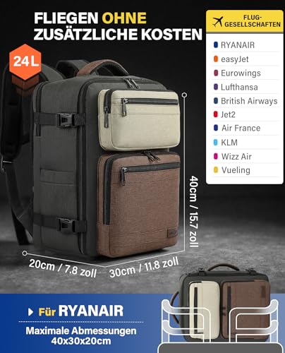 VANKEV Eurowings Ryanair EasyJet Wizz Air Handgepäck 40x30x20cm-24L, Sitzunter Rucksack für Reisen passt zu 15,6 Zoll Laptops dunkel olivgrün/braun
