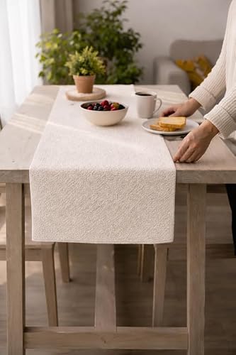 WWW.THROWPILLOW.IN White Boucle Table Runner 14x96 Inch|Farmhouse Chic Table Runner for 7 Feet Long Bedroom Side Table, Nightstand, Bedside Cabinet, Bed Table |Diwali Decor, Living Room