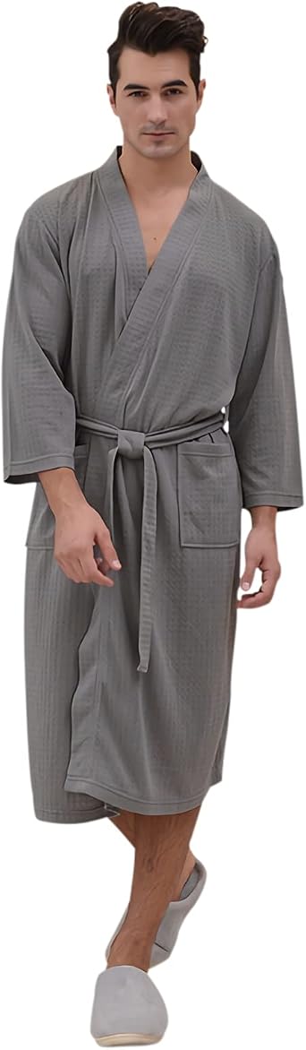 Men Kimono Robe Yukata Dressing Gown Men Bathrobe Cotton Sleepwear Loose Nightdress Lightweight Pajamas Comfy Spa Swimming Bath Robe Wrap Home Casual Wear with Pocket Adjustable Waistband