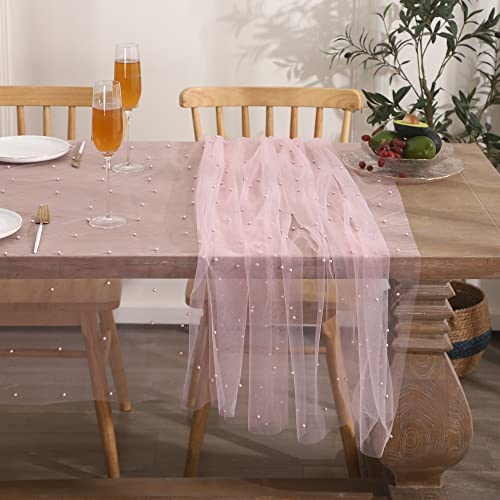 Tosleo Pink Mesh Table Cloth Pearl Decor Tulle Fabric Lace Tablecloth Table Cover Bridal Veil Tablecloths Chiffon Table Covers For Wedding Birthday Party Arch Decorations(Pink,55 X 86 Inch) #TOP5