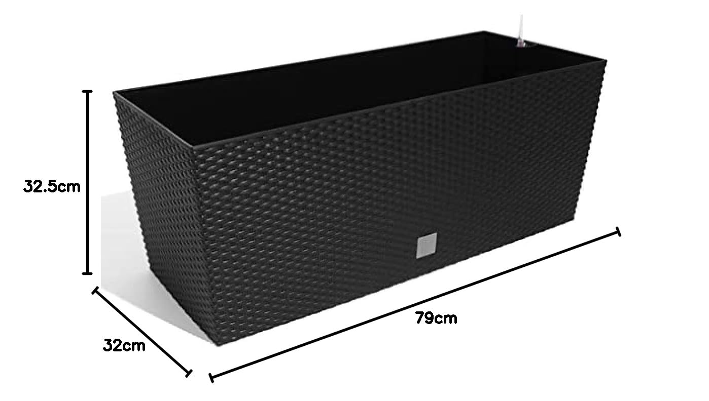 Rato Pflanzkasten 80cm mit Bewässerungssystem – Blumenkübel 72L Rattan Optik Anthrazit, Rechteckiger Blumenkasten für Balkon & Terrasse, Wetterfester Kunststoff Trog