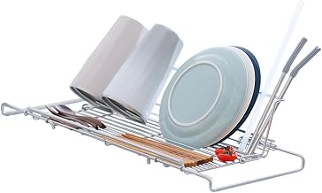 SAKuRAKu Over The Sink Dish Drying Rack, Sink Side 2-Way Extendable Dishwasher Compatible Stainless Steel Drainer Basket Can Span Across Sink [Approx. 46.5~62.5×20.5×4.5~10.8cm] Comes with Foldable | 横幅 約46.1～62.5cm 奥行 約24cm 高さ 約4.5～14.3cm 水筒も立てて置ける シンク上水