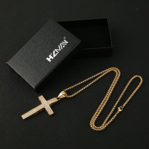 HZMAN Mens Iced Out Cross Cz Inlay Pendant 18k Gold Plated Stainless Steel Hip-Hop Necklace 24" Gold