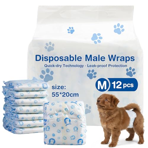 Velvaria Dog Diapers Male, 12 Count, Super Absorbent and Leak-Proof Disposable Diapers with Wetness Indicator - Adjustable Wraps for Dogs (blue - M 55×20cm)