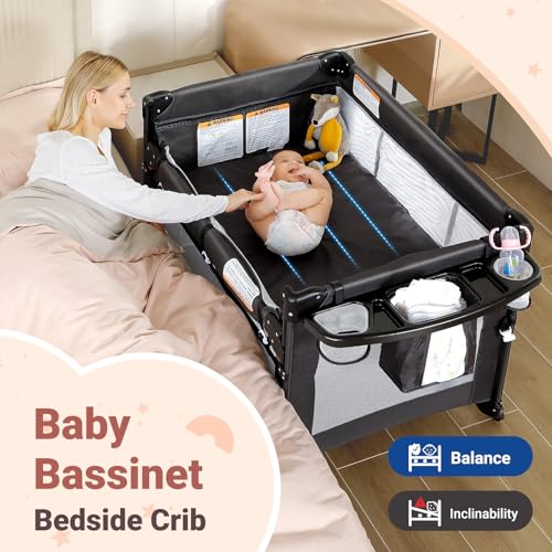 ELEMARA 5 in 1 Pack and Play, Adjustable Baby Bedside Bassinet Sleeper,1-Second Setup Foldable Playard from Newborn to Toddles,Bedside Crib with Changing Table,Portable Travel Bassinet,Ziper Door,Gray by ELEMARA - Image 2