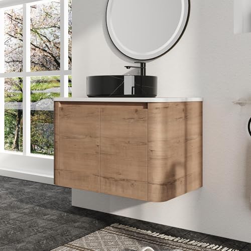 30" Floating Bathroom Vanity with Vessel Sink, Black White Ceramic Basin