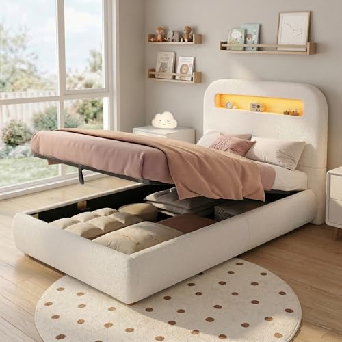 Cama infantil, tapizada, cama individual, cama infantil, 90 x 200 cm, cama funcional hidráulica, cama con somier, cabecero y gran espacio de almacenamiento, iluminación LED, patas de madera maciza