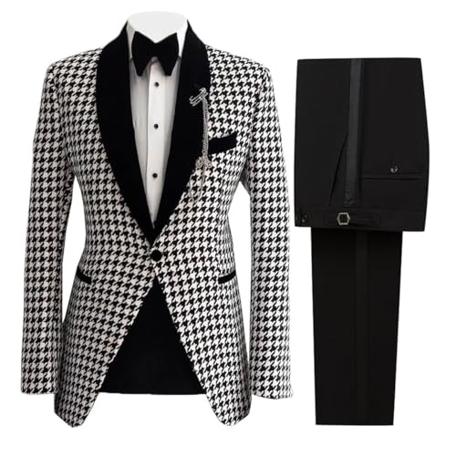 2 Pieces Men's Suit Houndstooth Tuxedo Slim Groom Wedding Blazer Dogstooth Jacket Pants Formal Set for Party,Prom