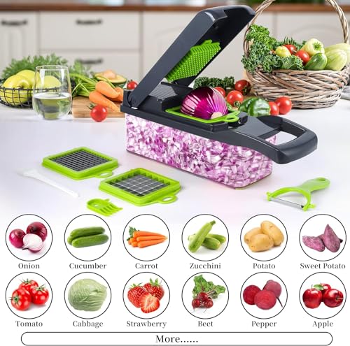 16 in 1 Multifunctional Professional Onion Vegetable Chopper, Kitchen Vegetable Cutter with 8 Blades, Garlic Carrot Cutter with Container (Grey)