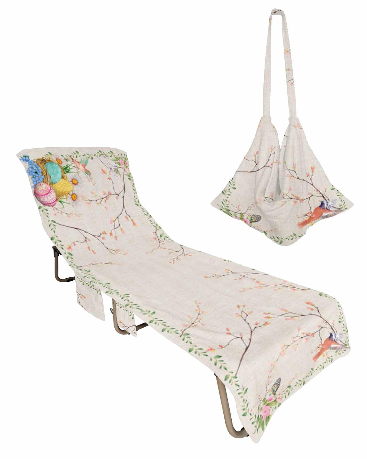 Spring Easter Beach Lounge Chair Towel Cover, Soft Chaise Lounge Towel with Side Pockets Patio Pool Chairs Cover for Beach/Pool Sunbathing 29x85 Colorful Eggs Birds Vintage Botanical Floral