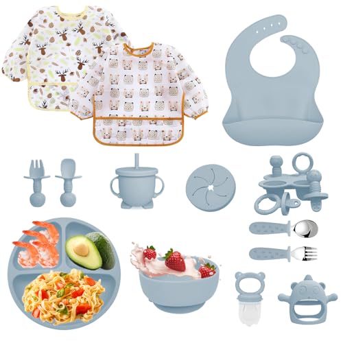 Bizcasa Vajilla Bebe Silicona, 14 Piezas Vajilla de Silicona para Bebés Antideslizante, Cubiertos Bebe para comer destete con Plato Cuenco Babero Taza Mordedor Fruta Bebe, Sin BPA (Azul)